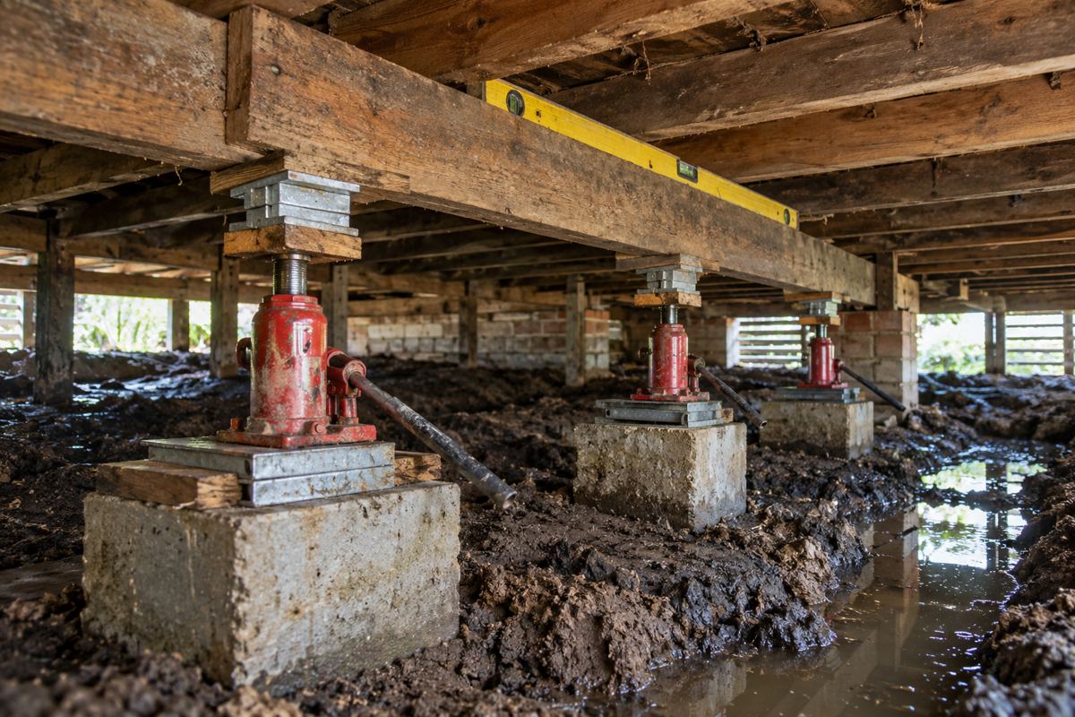 Three hydraulic jacks lifting a hardwood bearer back to level under a post-war house in Hastings, a spirit level on the bearer, galvanised steel packers ready, and damp dark clay with standing water on the subfloor ground.
