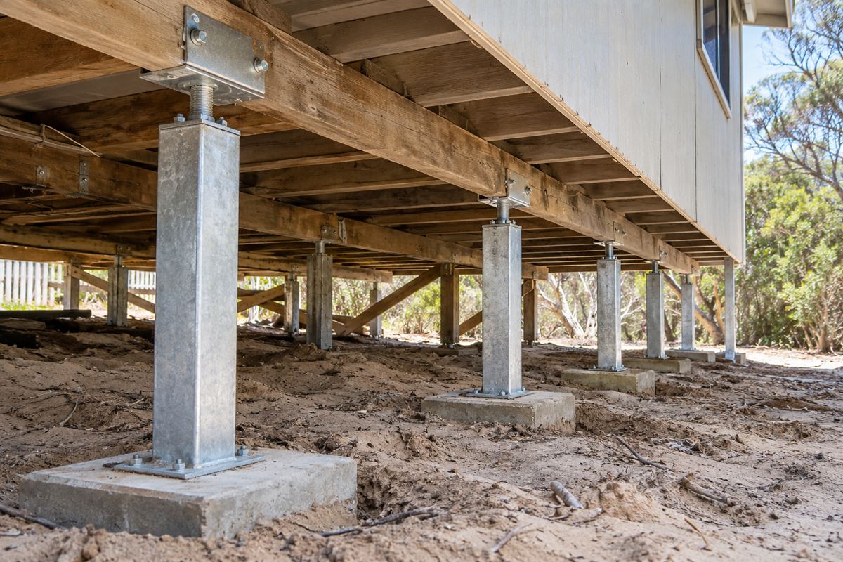 Galvanised square steel stumps with top plates bolted to the bearers under a 1970s holiday house in Rye, each stump standing in pale dune sand with daylight showing through the low subfloor.