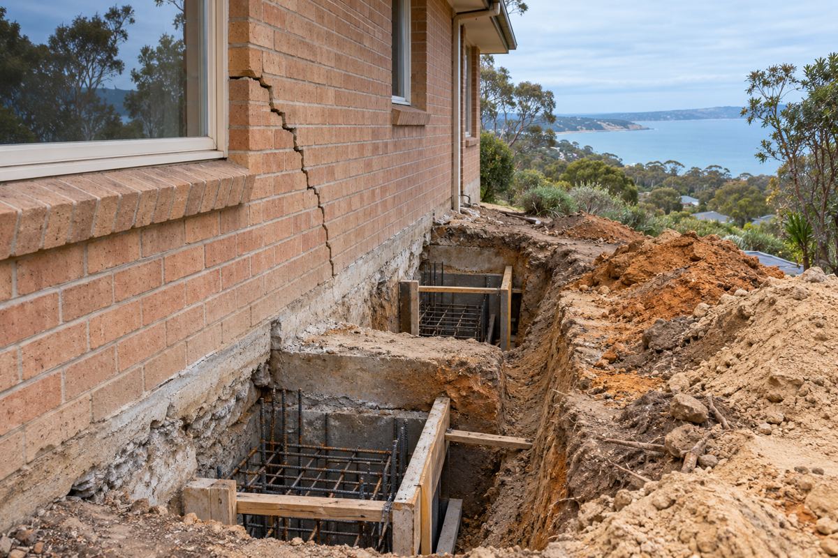 A trench and pits dug under a cracked brick veneer footing at a house in Mount Eliza, steel reinforcing and formwork in the open bay, a stepped crack in the brickwork above a window, tea-tree in the garden and Port Phillip Bay beyond.